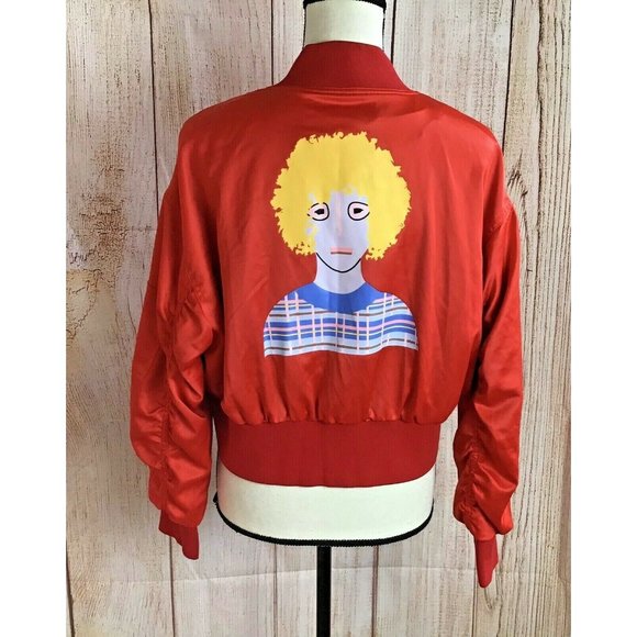 Max Martin Red Satiny Cropped Bomber Jacket Sz L - Picture 2 of 12